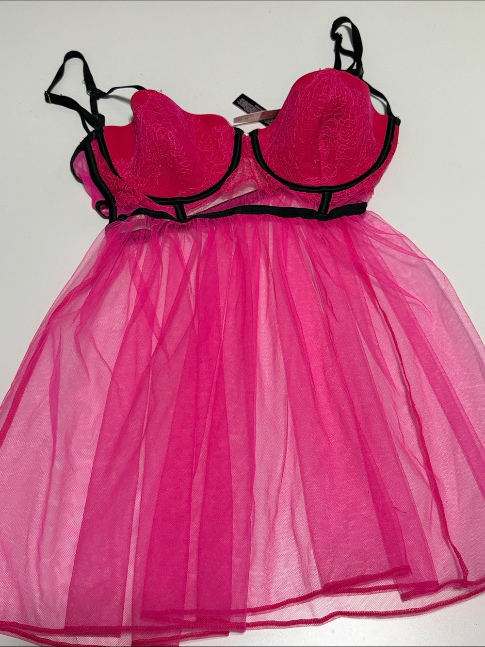 Victoria secret Hot Pink Sheer Babydoll Nightdress with Black Trim